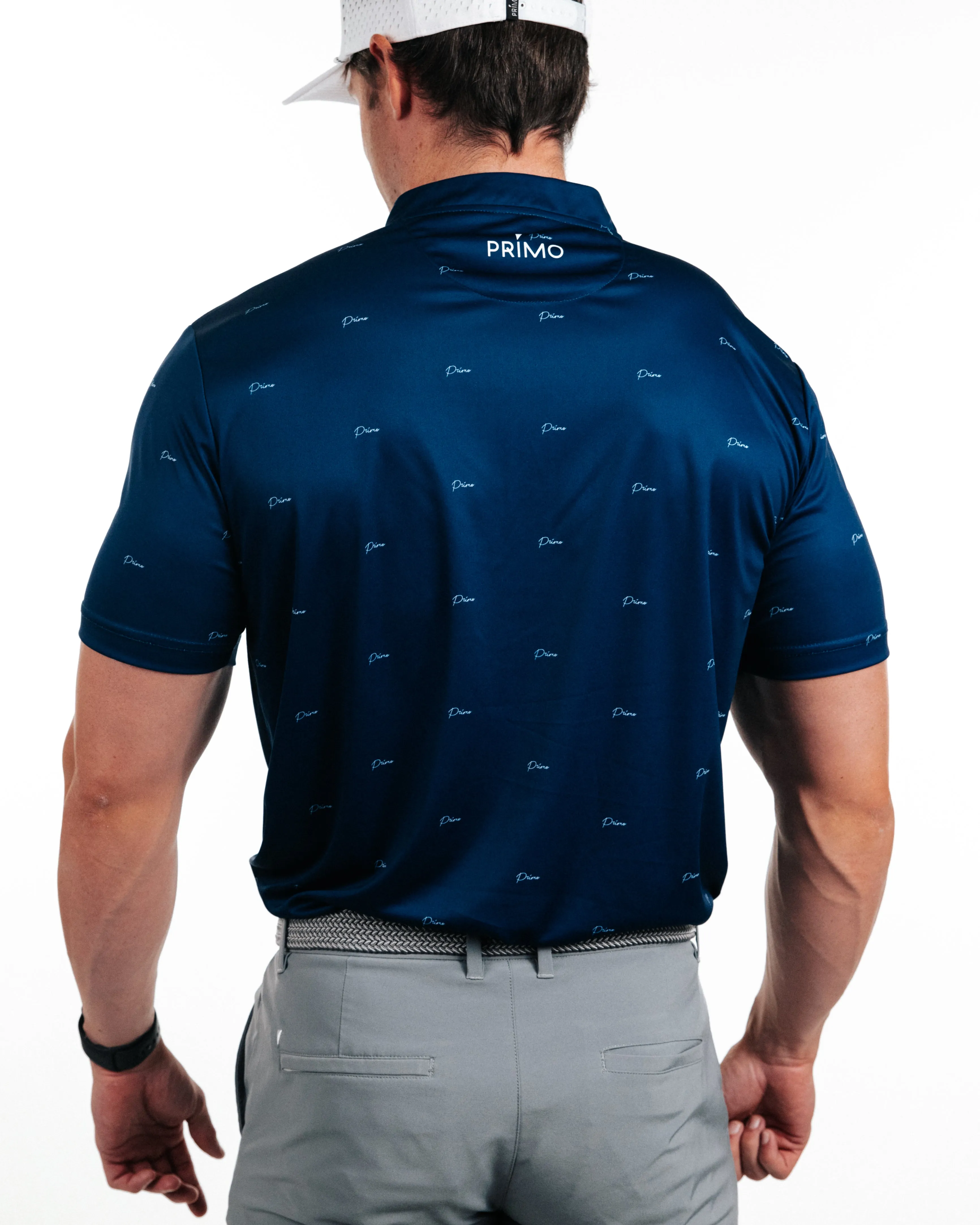 Deep Blue Cursive Repeat Blade Polo,Men Top