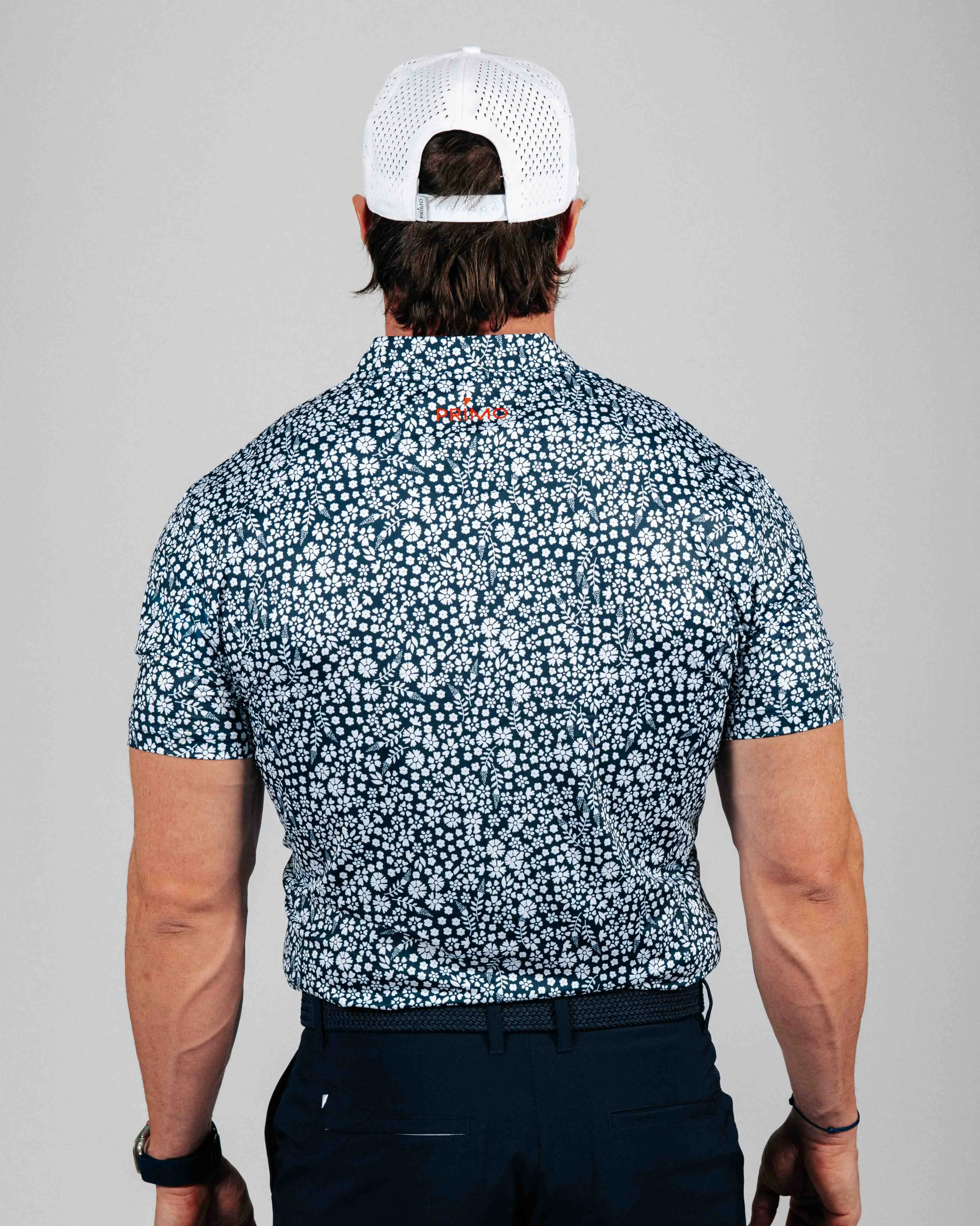 Navy Microfloral Blade Collar Polo,Men Top