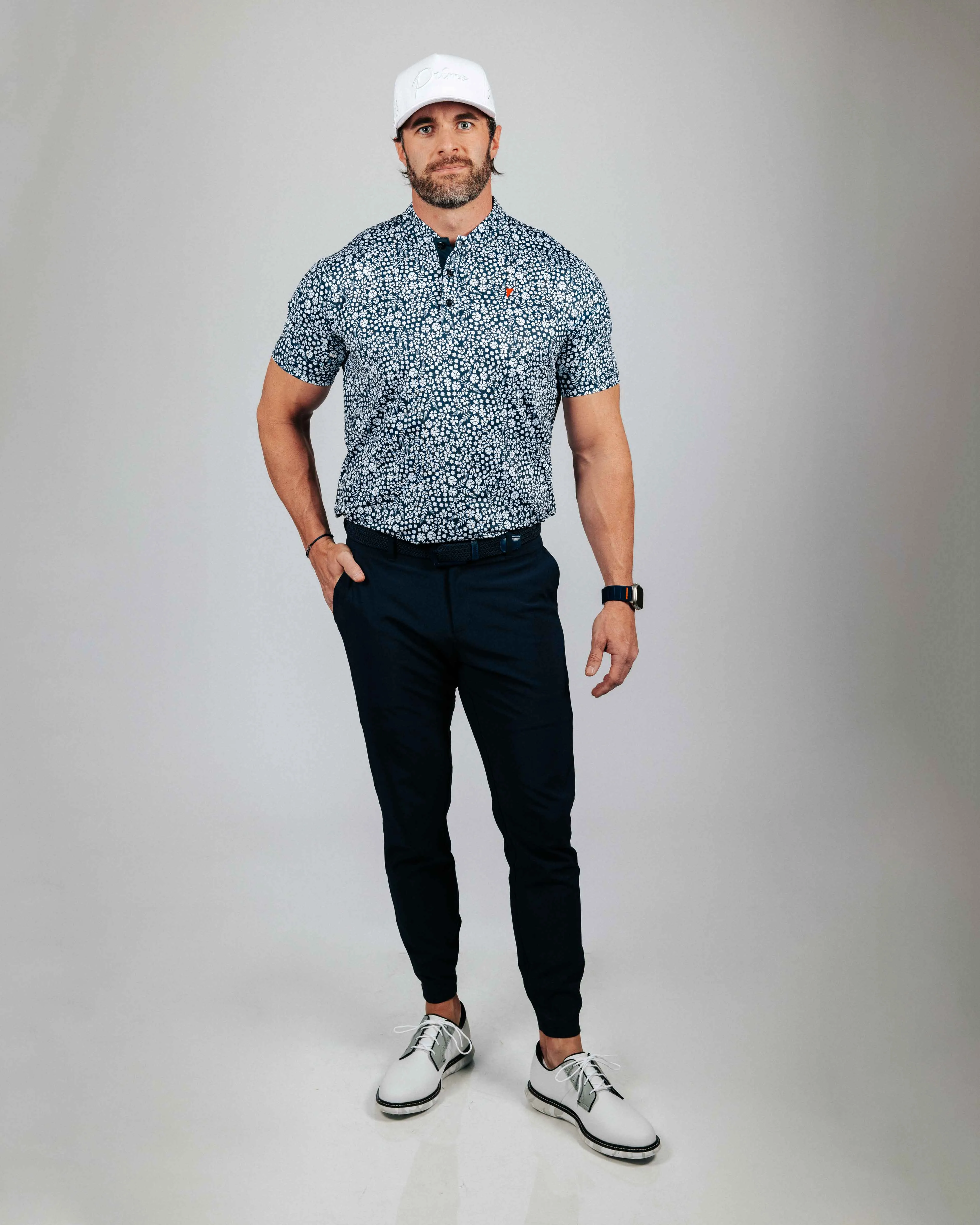 Navy Microfloral Blade Collar Polo,Men Top