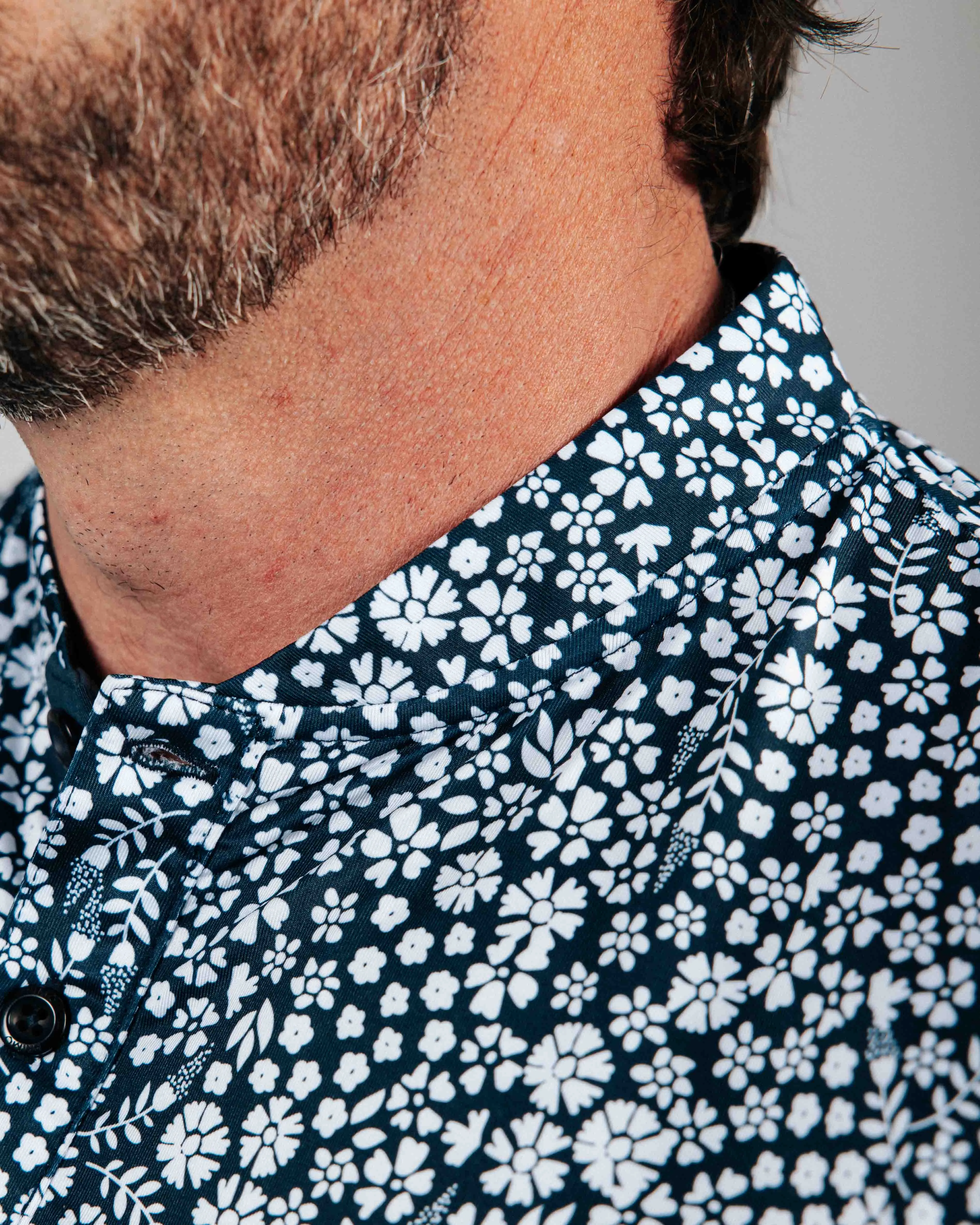 Navy Microfloral Blade Collar Polo,Men Top